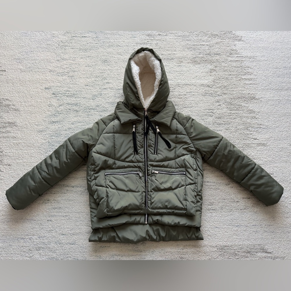 7 For All Mankind Olive Puffer Jacket with Shearling Collar Sz S